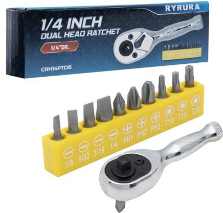 Ryrura Right Angle Screwdriver 10-Piece 1/4 Inch Mini Ratchet Set Low Profile Offset Bit Set with 72-Tooth Ratcheting Wrench Stubby Ratchet Degree Screwdriver for Small Spaces