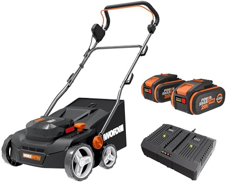 WORX Nitro Akku Vertikutierer & Rasenlüfter WG855E.9 - bis zu 400 ㎡ - Rechenbreite Arbeitsbreite 36 cm - bürstenloser Motor - 4 Stufe Höhenverstellung - inkl. 40 L Grasbeutel, 2 Akkus & Ladegerät