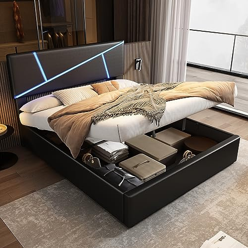 Kehun Polsterbett Doppelbett 140x200 cm mit LED-Kopfteil, Bett mit Stauraum und Lattenrost aus Holz, Modern Bettrahmen mit Hydraulisches Metallrahmen, Synthetisches Leder, Schwarz, Ohne Matratze