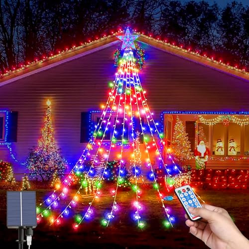 LED Weihnachtsbeleuchtung Außen, LED Solar Weihnachtsbaum Lichterkette, 9*2M 8 Modi 198 LEDs Außen Wasserdicht Christbaumbeleuchtung mit Sterne Fernbedienung für Party, Fest, Weihnachtsbaumdekoration