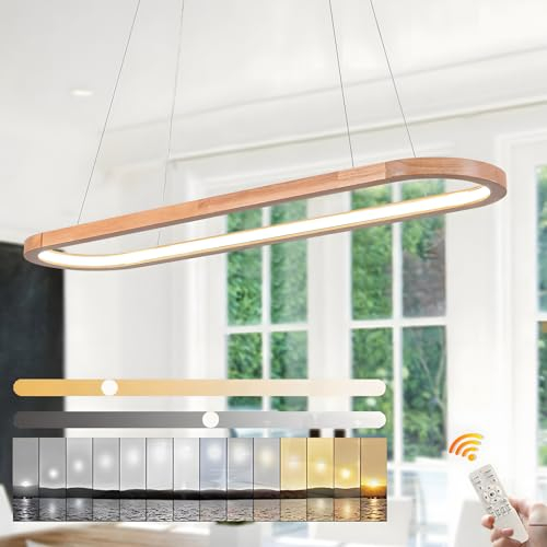 WayLuoung Wood LED Chandeliers Ceiling Light, Dimmable Oval Ring Wooden Lighting Fixture, 3000-6000K, Adjustable Circle Pendant Lamp, Kitchen Island Dining Room Living Room Foyer Hanging【90cm】