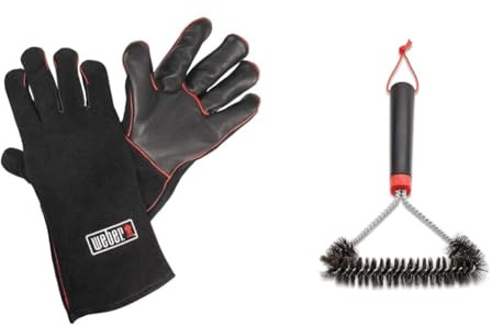Weber Leder Grillhandschuhe, 1 Paar, extrem hitzebeständig & Three-Sided Grill Brush Dreiseitige Grillb rste, 30 cm, Schwarz/Silber, 6277