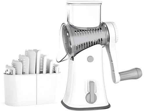 Rallador manual giratorio 5 en 1 para queso, patatas, verduras y nueces - Rallador redondo con ventosa para cocina (blanco) - CULINISTA