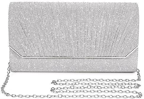 BAIGIO Elegante Abendtasche Damen Clutch Umhängetasche Klein Handtasche Brauttasche mit Glitzer und Abnehmbarer Kette, Frauen Kettentasche für Hochzeit Party Cocktail Abschlussball Freizeit (Silber)