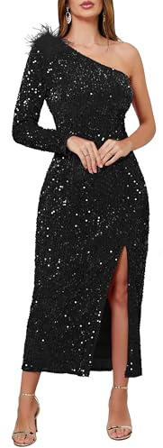 VERWIN Women's Sequins Dress One Shoulder Bodycon Oblique Collar Maxi Dress Sparkly Spilt Wrap Cocktail Dress XL Black