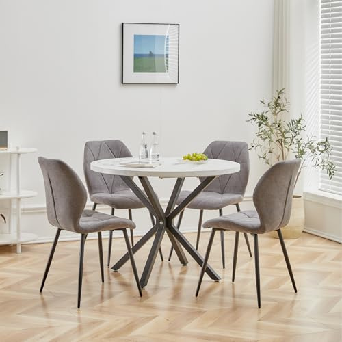 DEYARNA HOME Matgrupp 5 delar, 100 cm runt matbord och 4 linnematstolar, matbord och stolar för 4 personer, 4 stolar och bord för kök, matsal och vardagsrum (vit/svart + grå)