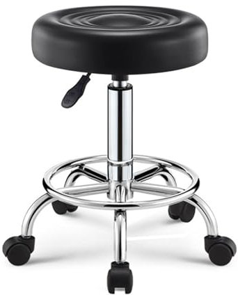 qorkhogr Rollhocker, drehbarer Hocker mit Rollen, Stuhl aus PU-Leder, höhenverstellbar, runde Rollhocker, Stühle für Spa-Lounge, Heimbüro, Zeichenarbeit, Schwarz