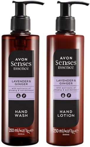 New Larger Size - Avon Senses Essence Lavender and Ginger Hand Care Set 250ml bottles, includes Hand Wash and Hand Lotion