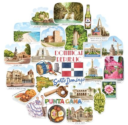 Navy Peony Tropische Dominikanische Republik Reiseaufkleber (28 Stück) – Handillustrierte, thematische Urlaubsetiketten für Journale, Scrapbooks, Gepäck