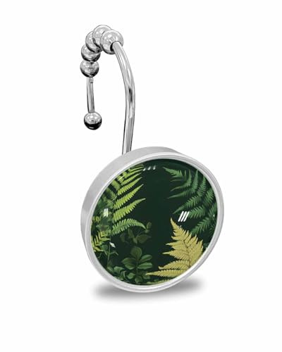 Shower Curtain Hooks Set of 12, Tropical Fern Abstract Plant Spring Green Theme Crystal Glass Showers Curtains Rings, Bathroom Decorative Rod Stainless Steel Rust Proof Roller Hangers Hook