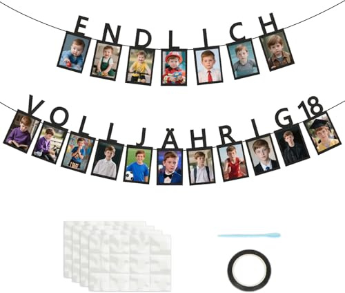 HUKUMA Deko 18. Geburtstag Junge Fotogirlande - ENDLICH VOLLJÄHRIG 18 - Meilensteine Geburtstagsdeko 18 Junge, 18 Glitzerkarten Kann Fotos von 1 bis 18 Jahren einfügen Geburtstagsparty Dekoration