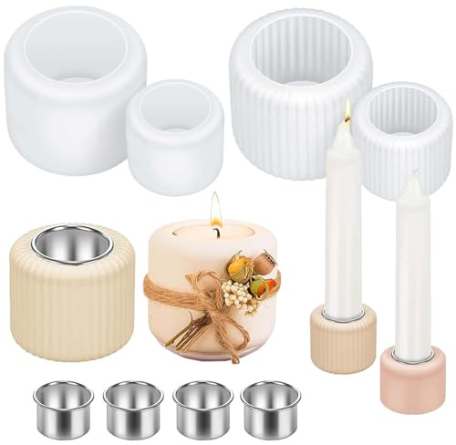 TREABEAR 4 Stück Silikonformen, Kerzenhalter mit 10 Kerzenhalter aus Metall, Silikonform, Teelichthalter, Gussform, Kerzenhalter zum Gießen von zylindrischen Kerzenhaltern