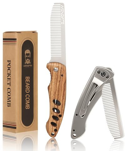 1PC Small Folding Pocket Beard & Mustache & Hair Styling Comb for Men - Metal Tactical Grooming Tool with Wooden Handle, with 180° Rotatable for Outdoor Travel & Home Use - Length 6.57inch