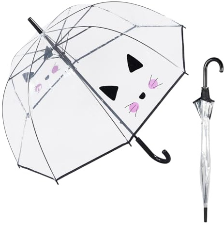 Le Monde du Parapluie - Parapluie cloche transparent automatique - anti-vent coup-vent - 8 baleines en fibre de verre - solide - Tête de chat