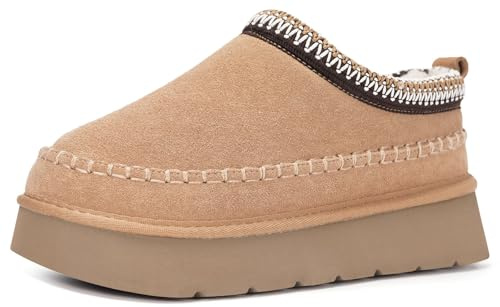 Dokela Femme Chausson en Daim Suède Cuir Véritable Pantoufles Hiver Chaud Doublure en Feutre Imperméable Antidérapante Semelle Épaisse Slippers,Marron Foncé,43 EU