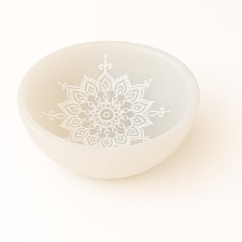 Placa redonda de Selenita Natural, 10 cm, Disco de carga circular cristal con Grabados Místicos, para Meditación y Energía, Nudo de Bruja, 7 Chakras, Flor de la Vida, Mandalas (Cuenco Flor de loto)
