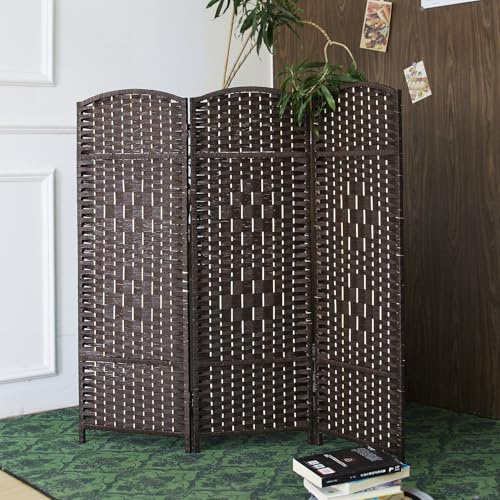 Furnnylane 3 Panel Rattan Divider Short Room Partition Screen,Double Sided Folding Divider for Room Separation,Dark Brown,47.2 H x 47.2 W