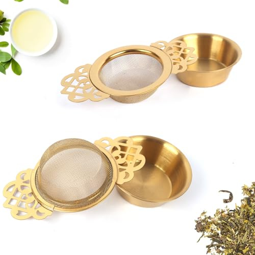 2-Pack Tea Strainer for Loose Teas, Gold Fine Mesh Tea Strainers with Drip Bowls, Loose Leaf Teas Filter Infuser with Handle for Home & Office Use (Gold)