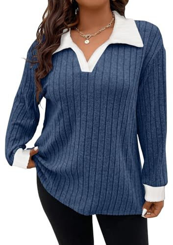 Gemulate Plus Size Knitwear for Women Sweatshirts Long Sleeve Pullover Female Casual Oversized Fitted Jumpers Autumn Lightweight Outfit BlueWhite 3XL