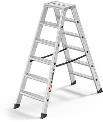 Hailo Master D100 Alu-Doppelstufenleiter 2x6 Stufen, EN 131, bis 150 kg | Beidseitig begehbar, rutschhemmende Stufen, große Abstellfläche, leicht und stabil
