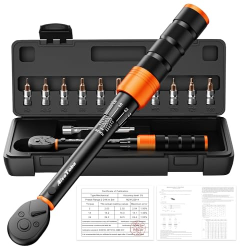 AivaToba 13TLG Drehmomentschlüssel Fahrrad 1/4 Zoll Set 2-24 Nm | 13TLG ±3% Click Drehmomentschlüssel mit Sockets & Bits (Hex, Torx), Verlängerungsstange für MTB & Rennrad