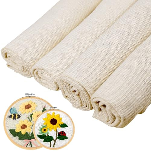 4 Stück Kreuzstich Stoff, Embroidery Fabric 50x50cm Aida Stoff zum Sticken mit 2 Runder Stickrahmen Leinenstoff Handarbeiten Stoffe für Stickereien Kunstwerke DIY Basteln Handwerken