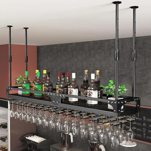 ZHHR Portabicchieri da vino, supporto per bicchieri da vino da appendere, decorazione da soffitto, 2 in 1, altezza e larghezza, regolabile, per cucina, sala da pranzo, bar (nero, 120 x 35 cm)