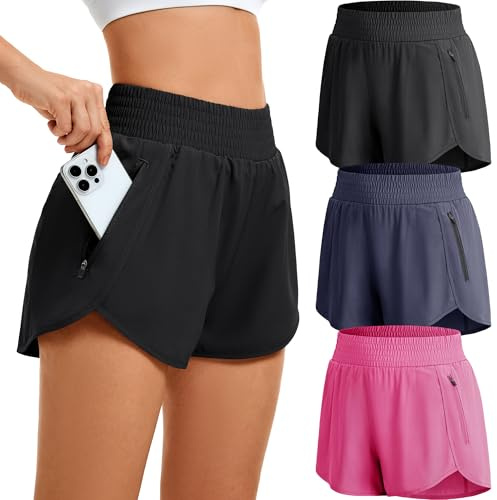 JOVCOVL Lot de 3/5 shorts de sport pour femme - Short de sport court avec poche zippée - Pour l'été - Respirant - Séchage rapide - Pour la course, le fitness, le yoga