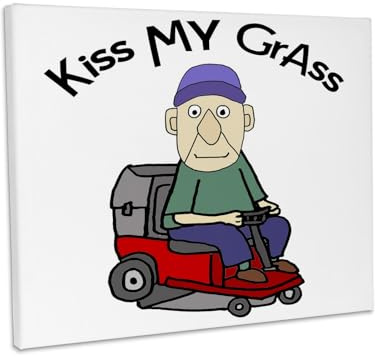 3dRose Funny Cute Old Man on Riding Lawn Mower Kiss my Grass Mowing Pun Museum Grade Canvas Wrap 10x8