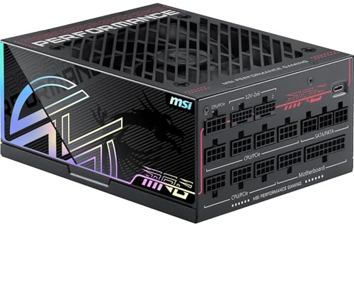 MSI MPG Ai1300TS PCIE5 Power Supply Unit, GPU Safeguard+, SiC MOSFETs, Zero fan mode with Fan Safeguard, 1300W, 80 PLUS Titanium, Dual-native 12V-2x6, Cables with Dual-color 12V-2x6 connectors