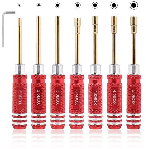 LALAGO Jeu de 7 tournevis hexagonaux, jeu d'outils RC pour fixation roue Axial SCX24 pour modèles radiocommandé voiture bateaux hélicoptère (2,0 mm 2,5 mm 3,0 mm 3,5 mm 4,0 mm 4,5 mm 5,0 mm) - Rouge