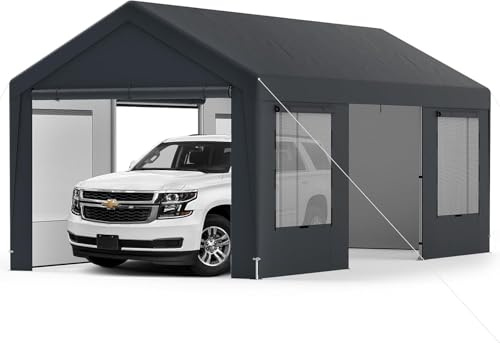 GOPLUS Abri Tente Garage 3x6 M, Tente de Stockage, Carport en Tube Galvanisé avec Couverture et 8 Parois Amovibles, pour Fêtes, Stands de Marché, Bateaux,Voitures, Gris