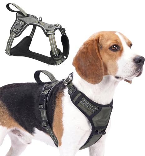 Olcyren Anti Zug Hundegeschirr, Anti Zieh Geschirr für Hunde mit Griff, Verstellbar Reflektierend Atmungsaktiv Hundegeschirr, Brustgeschirr für Kleine Mittlere Grosse Hunde (Armeegrün, M)