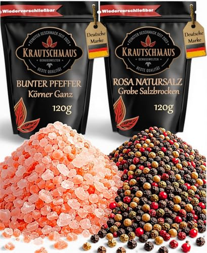 Salz und Pfeffer bunt für die Mühle von Krautschmaus je 120g, rosa Natursalz grob, bekannt als Himalaya Salz, Kristallsalz aus Salt Range Pakistan, bunte Pfefferkörner