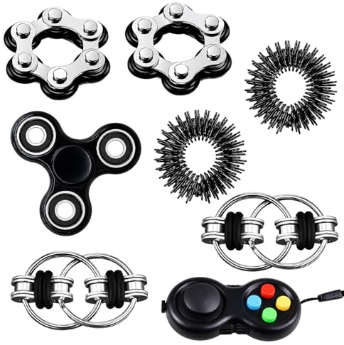 8 Stück Fidget Toys Erwachsene, Anti Stress Würfel und Fidget Cube Set, Skills Set Stress Erwachsene mit Handspielzeug, Schwarzes Fidget Toy Set für Konzentration und Entspannung