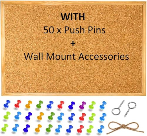 Large Cork Pin Notice Board Bulletin Vision Boards For Home Bedroom offices Memo Message Pictures Planner Display Organiser Wood Frame Corkboard - Wall Mount Screws And 50 Push Pins - 600 x 400 mm