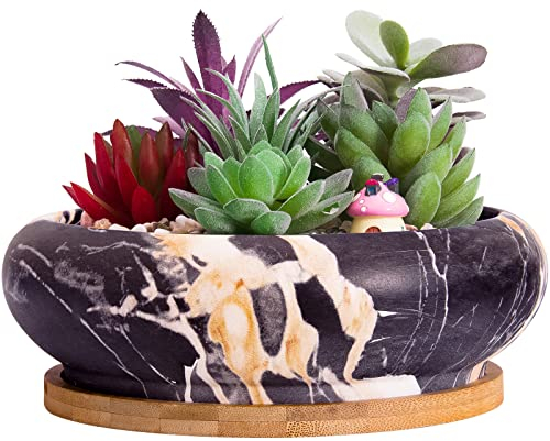 ARTKETTY Vasi per piante grasse, 18,5 cm, grande vaso bonsai con vassoio di drenaggio, vaso in marmo per cactus, vasi in ceramica per interni ed esterni, fioriera poco profonda, contenitore per la