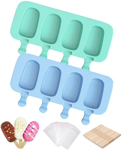 Ouddy Life Popsicle Molds Set of 2, Ice Pop Molds Silicone 4 Cavities Ice Cream Mold Oval Cake Pop Mold with 50 Wooden Sticks for DIY Popsicle, Green Blue