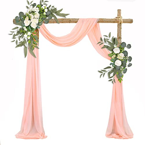 EESLL Künstliche Hochzeitsbogen-Blumen-Set (3 Stück), 2 weiße Rosen-Blumen-Girlanden mit 1 weißen, durchsichtigen Stoff, Blumen-Girlanden zur Dekoration