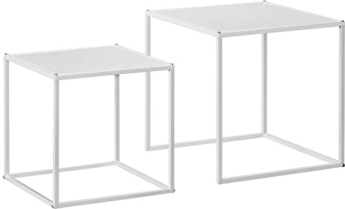 HOMCOM Set 2 Tavolini da Caffè Impilabili Quadrati, Tavolini da Salotto e Soggiorno Sovrapponibili in Acciaio, Bianco