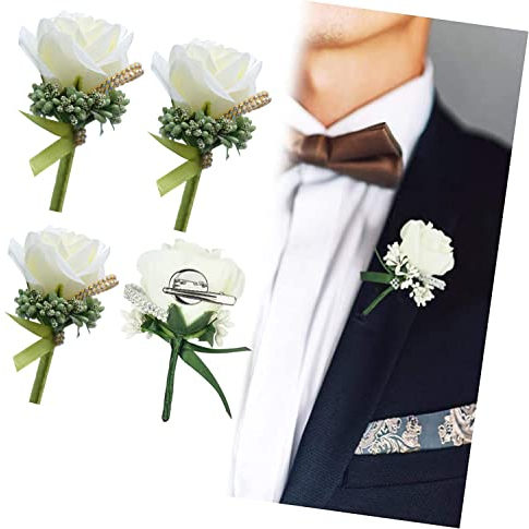 ＣＨＡＭＥＥＮ 4 Stück Boutonniere Hochzeit Rose Gästeanstecker Hochzeit Zubehör Künstliche Ansteckblume Bräutigam Hochzeitsanstecker mit Schleife & Clip fürBrautjungfer Gäste Herren Damen Braut Party Weiß