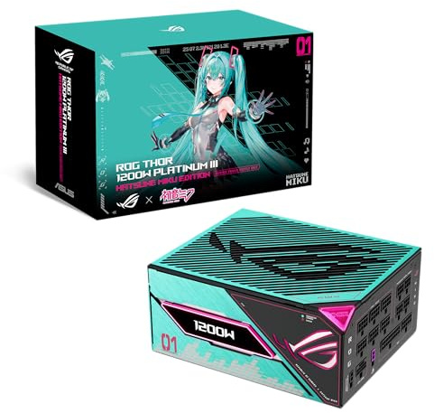 ASUS ROG Thor 1200W Platinum III Hatsune Miku Edition ARGB Gaming Netzteil (ATX 3.1 kompatibel, 80Plus Platinum, GaN-MOSFET, GPU-First-Spannungsmessung, magnetisches OLED-Display, Blau, Grün, Pink)