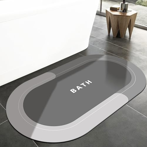 LIMNUO Bath Mat-Quick Dry Rugs Fit Under Door Super Absorbent Thin Fashion Washable Oval Floor Bath Mat for Bathroom, Bathtub, Shower and Sink (Grey, 70x50cm)