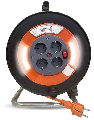 XTRACABLE Kabeltrommel 50m mit integrierten LED-Licht | Kabel in orange, schwarz | IP20