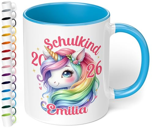 True Statements „Schulkind 2025“ Geschenk zur Einschulung für Mädchen: Keramik-Tasse - EINHORN pastelle Mähne - 330ml - personalisiert mit Namen Erstklässler Schüler 1. Klasse, Hellblau