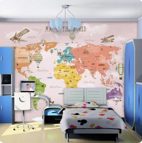 Papier Peint Photo Personnalisé 3D Pour Chambre D'Enfant, Dessin Animé, Chambre De Fille, Carte Du Monde Rose, Avion, Montgolfière, Fournitures De Décoration Murale Pour La Maison-400Cmx280Cm
