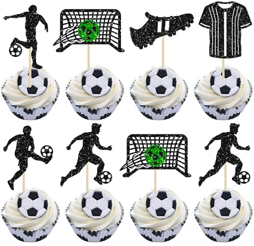 Gyufise 24Pcs Soccer Cupcake Toppers Glitter Soccer Ball Cupcake Picks Sport Cake Decorations Football Theme Birthday Party Baby Shower Kids Boys Men Birthday Party Favors Supplies Black