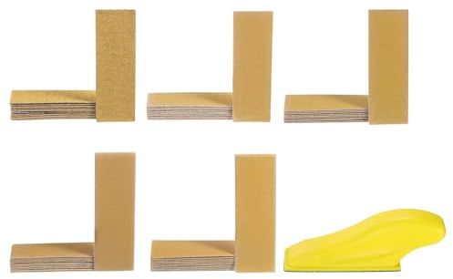 sourcing map 50pcs Detail Sander Paper Kit 80/120/180/240/400 Grits 3.5 x 1.2 Micro Mini Hand Sanding Papers Sheets Wet Dry Sandpapers with 1pcs Hook & Loop Finger Sanding Block Tool