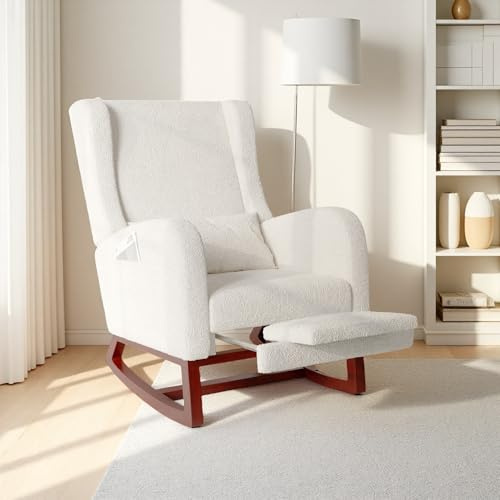 Gungstol, gungstol med fotstöd, relaxstol, med armstöd och ficka, lässtol, träfötter, för sovrum, vardagsrum, balkong (Beige-01)