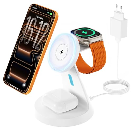 JoyGeek 3‑in‑1 Magnetische Induktive Ladestation, Kabelloses Ladegerät für iPhone 17/Air/16/15/14/13/12, Apple Watch & AirPods, Wireless Charger für Apple‑Geräte, Weiß